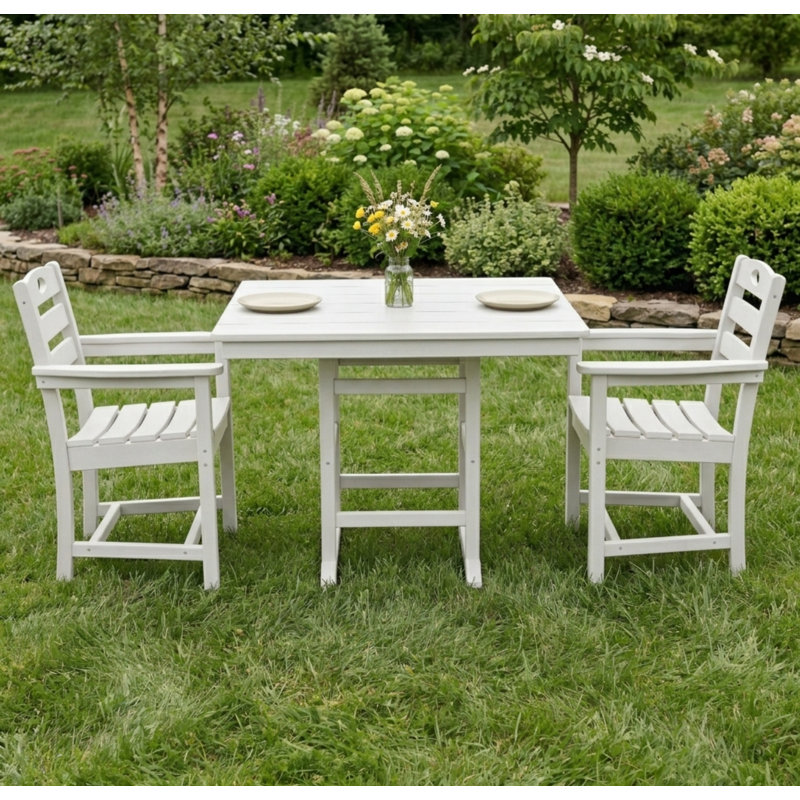 Ensemble de salle à manger d'extérieur 3 pièces en PEHD blanc avec table carrée et 2 fauteuils, Blanc, 2