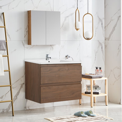 Ensemble de meuble-lavabo flottant mural en chêne brun avec tiroirs doubles