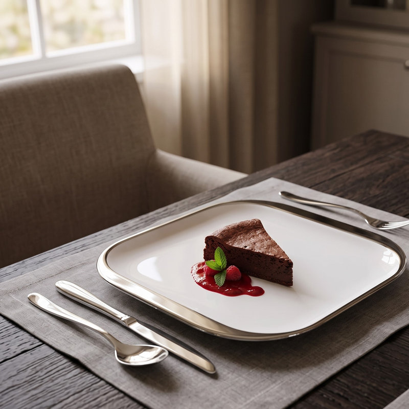 Ceramic Square White Plate with Silver Rim 7"