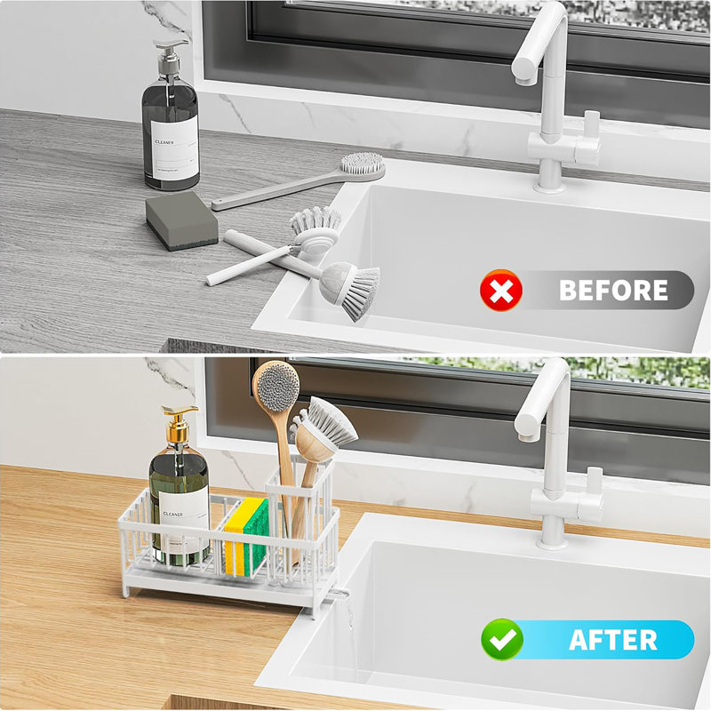 304 Sponge Holder for Kitchen Sink - Kitchen Sink Caddy with High Brush Holder & Soap Dispenser, White