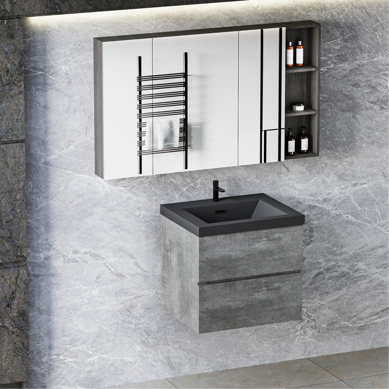 Modern 24" Bathroom Vanity. Grey Storage Cabinet With Quartz Sand Basin. Easy Install, Stylish Unit Vanity - Sink. Design Basin For Longevity. Soft Close Drawers Quiet Operation. Organization. To