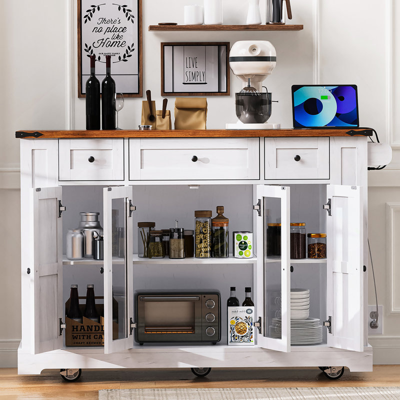Farmhouse-Style Rolling Kitchen Island With Drop Leaf, Tempered Glass Cabinets, Built-In Power Outlets, Adjustable Shelves, And Five Open Racks For Flexible Storage.