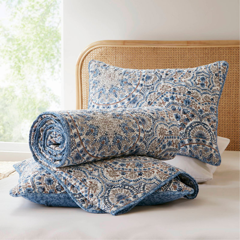 Courtepointe réversible à motif floral 3 pièces King Boho, Bleu