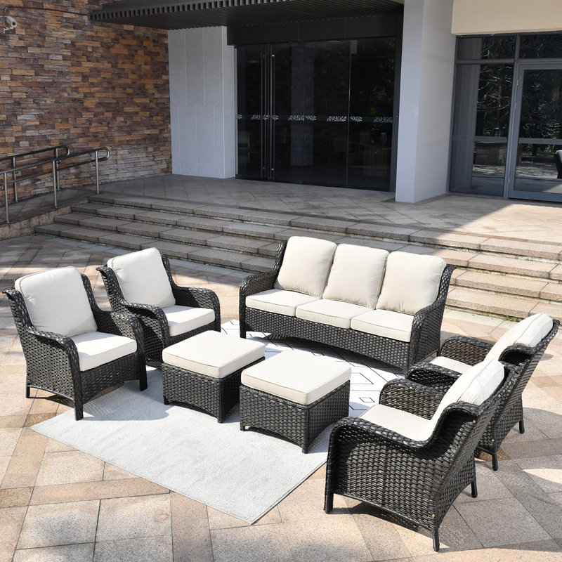 Mobilier d'extérieur en osier 7 pièces incluant canapé, chaise simple et pied, Brun, Beige