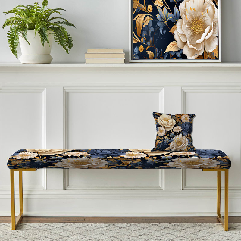 Peonies Boho Pattern - Floral Upholstered Gold Bench, Blue/Beige