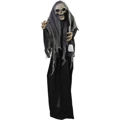 Haunted Hill Farm 5.11 Ft. Scary Skeleton Reaper Holding Lantern Halloween Animatronic with Touch Activated Lights and Sound