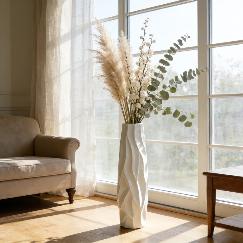 Grand vase de sol en céramique blanche, vase décoratif minimaliste moderne de 24 pouces pour fleurs, grand vase sur pied pour l'entrée de salon