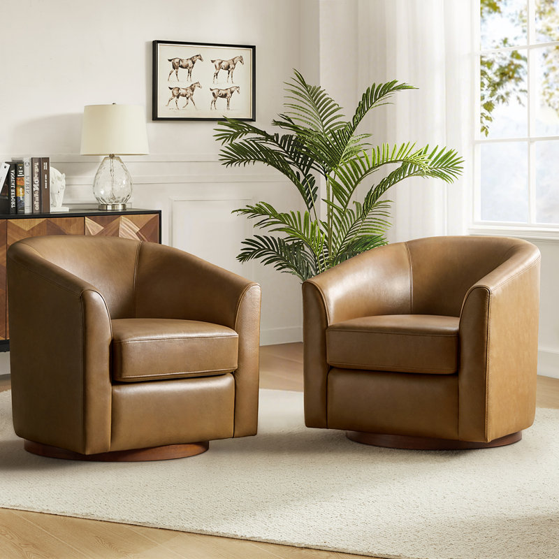 Amiir Modern 30.5'' Wide Genuine Leather Swivel Barrel Chair with Solid Wood Base (Set of 2), Camel 