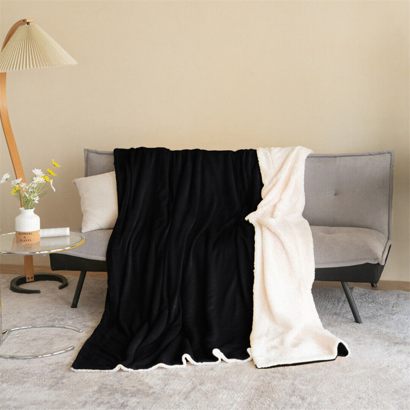 Diya Soft Sherpa Fleece Fur Thick Dual Sided Flannel Reversible Blanket Throw, Black, W230 x L270cm