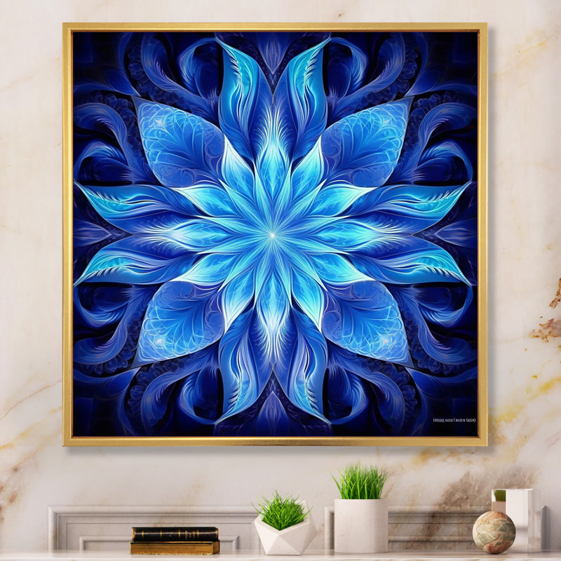 «Turquoise and White Fractal Flowers VII», reproduction sur toile, H 30 po x l 30 po x P 1 po, Cadre flottant doré