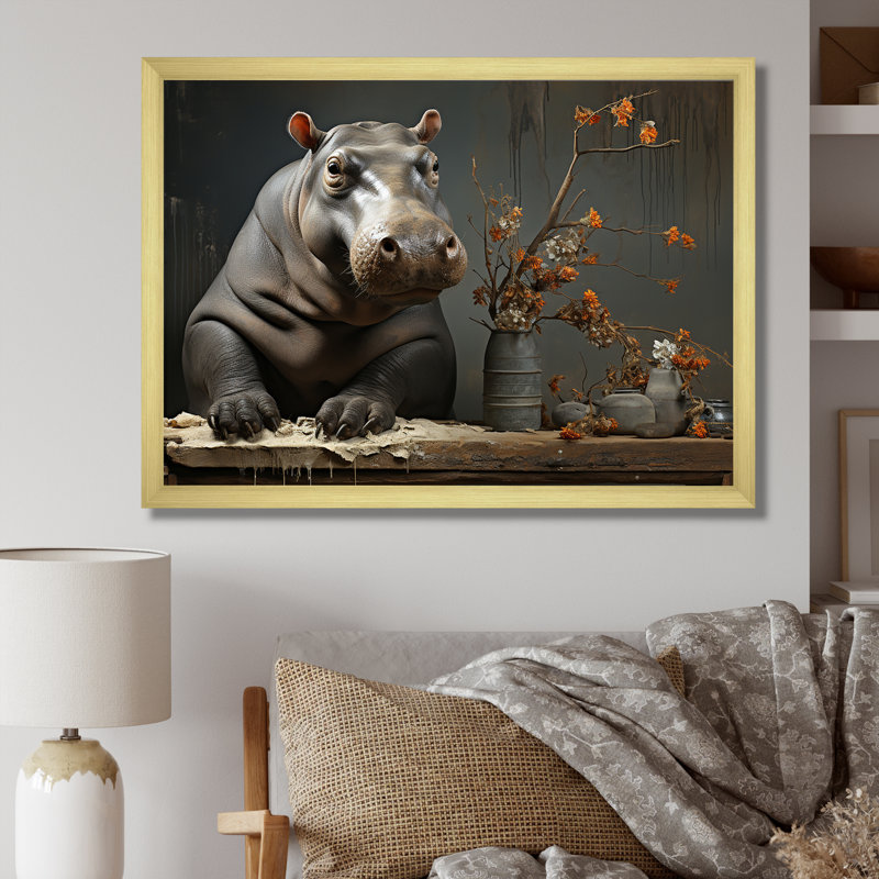 Rivers Guardian 1 - art mural hippopotame, Cadre doré à coins fermés, H 12 po x l 20 po x P 1 po
