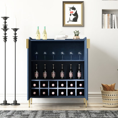 Buffet multifonctionnel avec 2 portes, support à vin, tablettes réglables, charnières, bleu, pour la salle à manger et les espaces de vie, armoire en bois épais de 15 mm avec pieds en métal de 5,9 po de hauteur, - Matériau