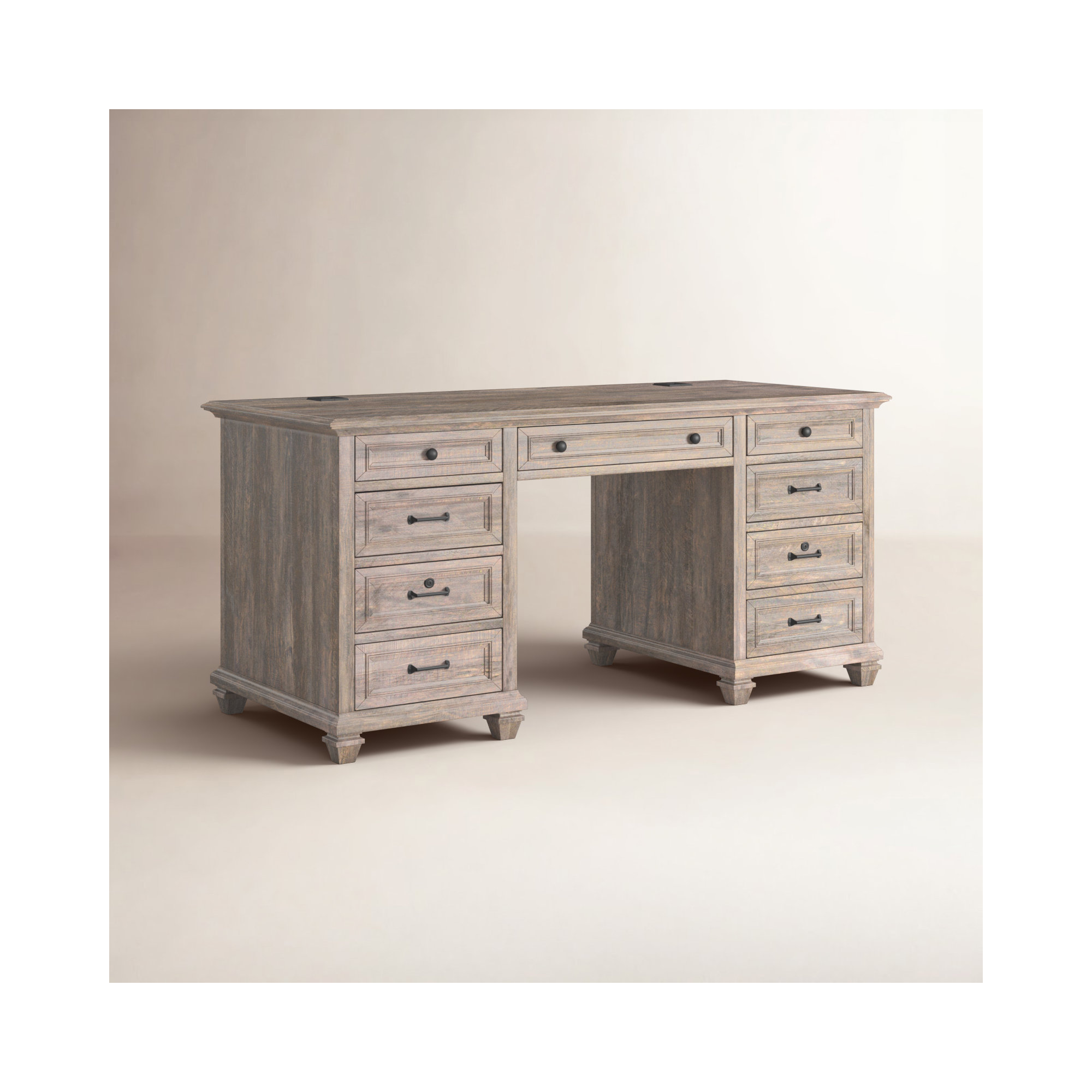 Kerey Solid Wood Base Executive Desk with Power Outlet, Dove Tail Gray