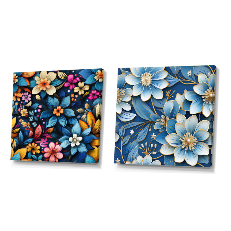 Hashimoto - Ensemble de 2 collages carrés botaniques abstraits, H 16 po x l 33 po, Toile tendue