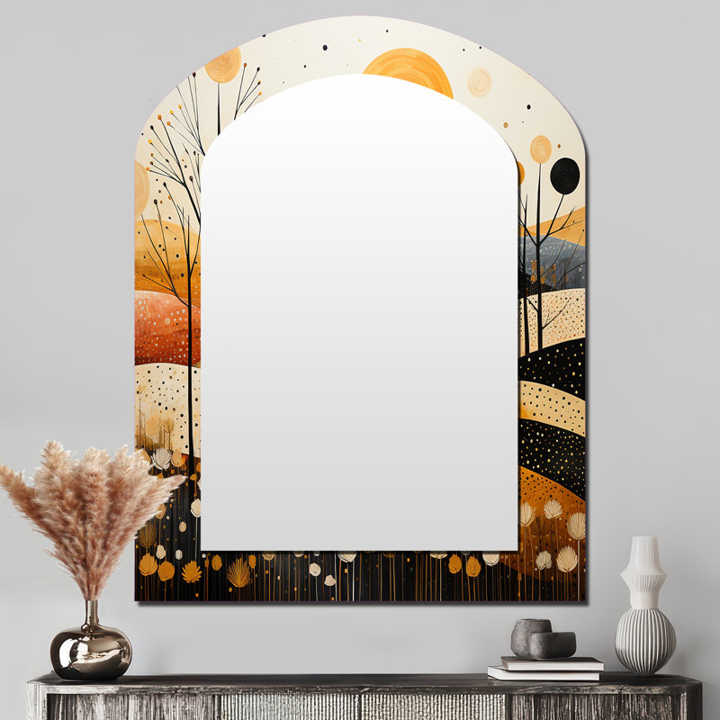 Meadow Bold Geometric Fields II - miroir mural asymétrique Meadow, miroir de forme unique traditionnel, impression d'art en métal