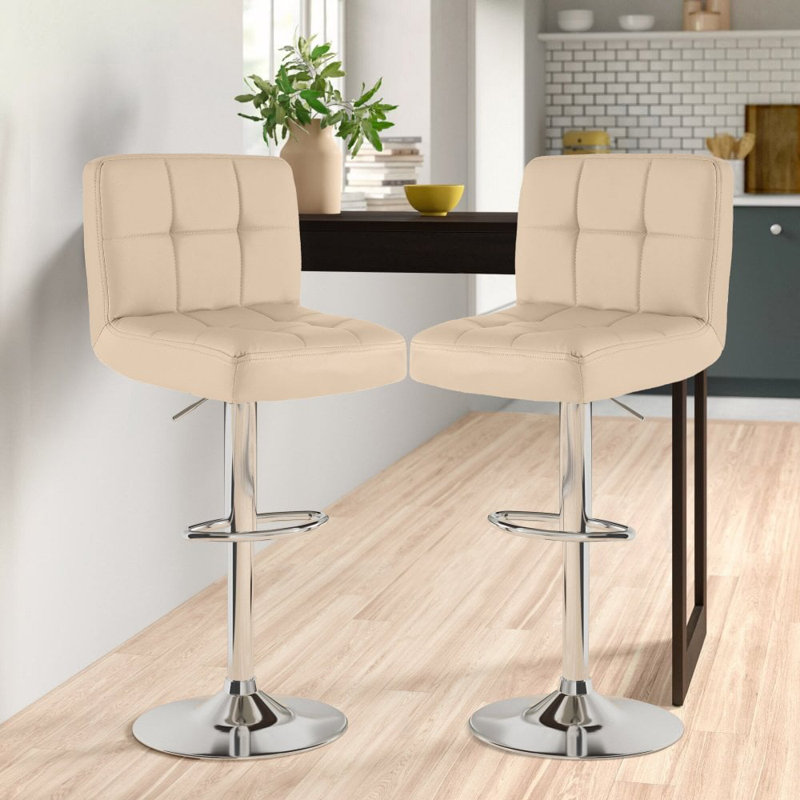 Shayna Swivel Upholstered Adjustable Height Counter Stool with Metal Frame, Cream, Silver