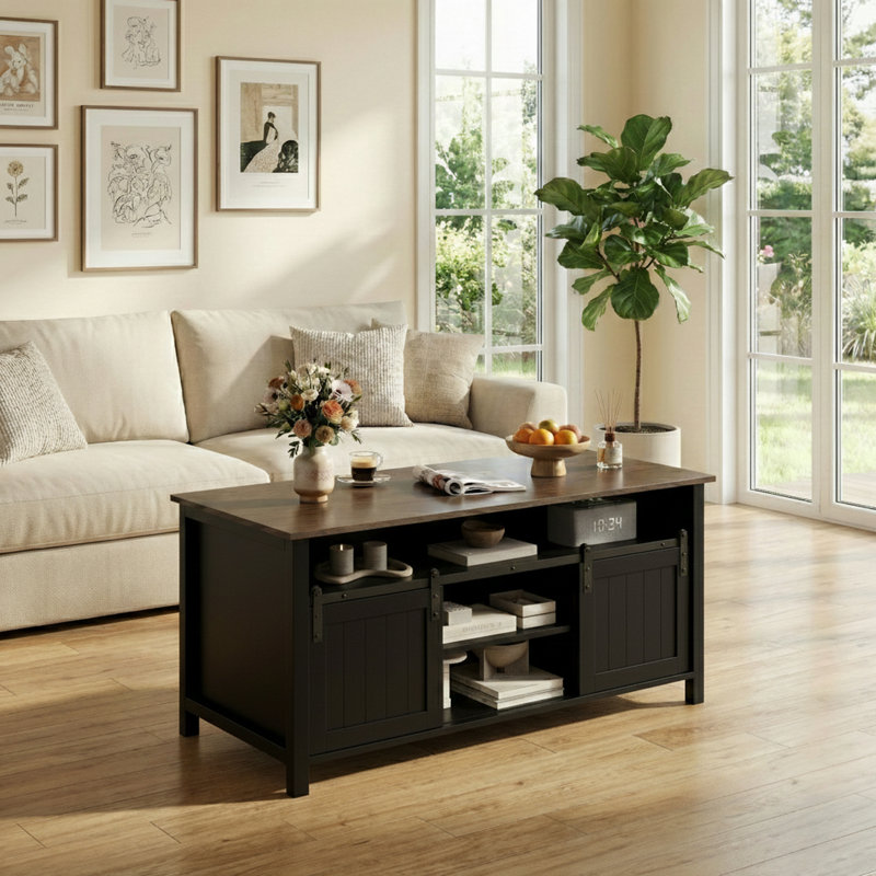 Farmhouse Coffee Table With Storage, Rustic Living Room Table With Sliding Barn Doors & Hidden Compartment, Wooden Center Table For Living Room, Black