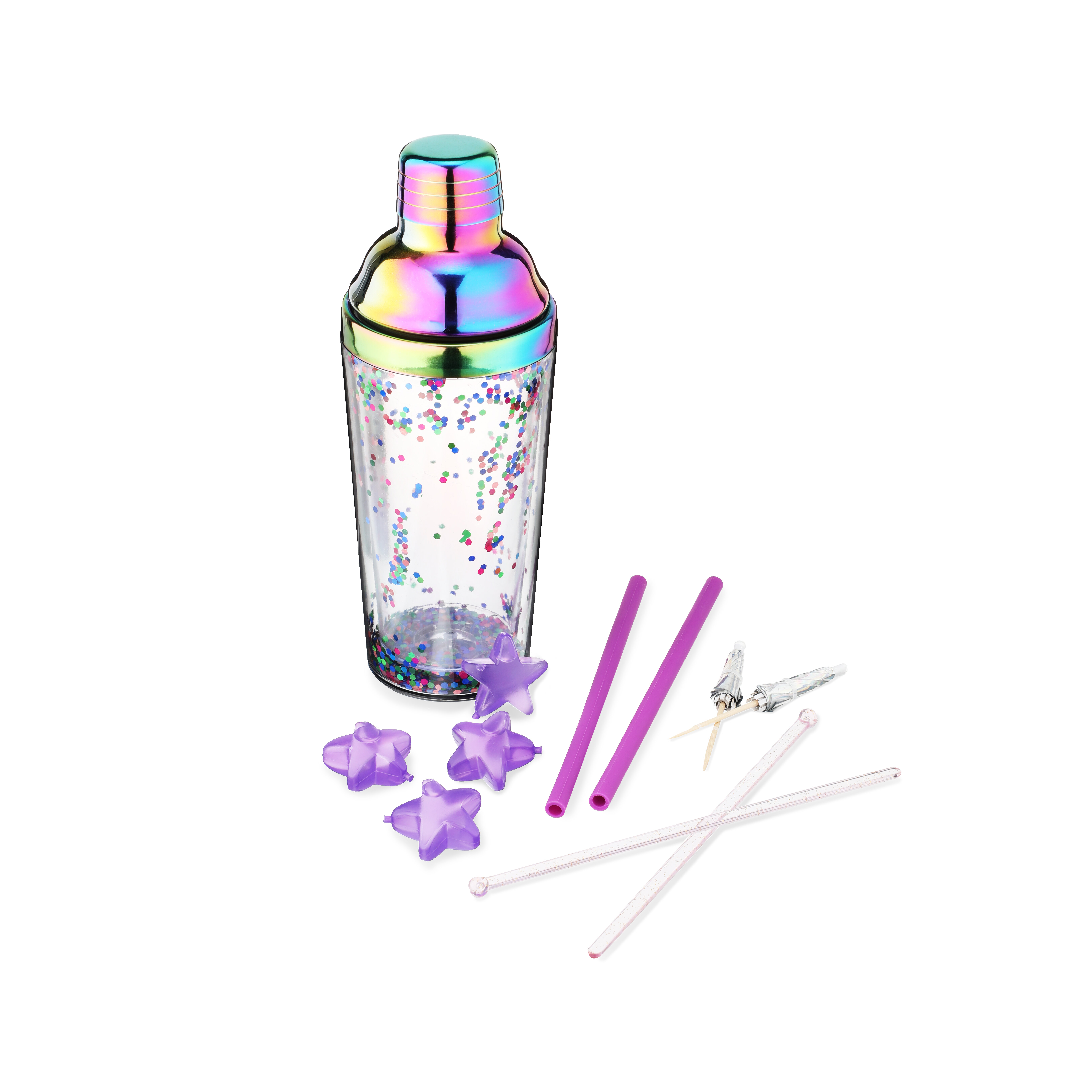 https://assets.wfcdn.com/im/66926809/compr-r85/1683/168300317/blush-confetti-cute-barware-kit-with-rainbow-iridescent-cobbler-shaker-drink-toppers-cocktail-picks-ice-cube-drink-chillers-set-of-11.jpg
