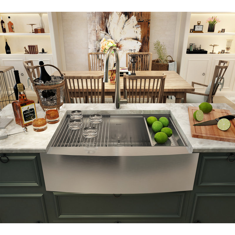 Évier de cuisine de ferme en acier inoxydable à simple cuve avec robinet de cuisine L 33 po x l 22 po, Nickel brossé