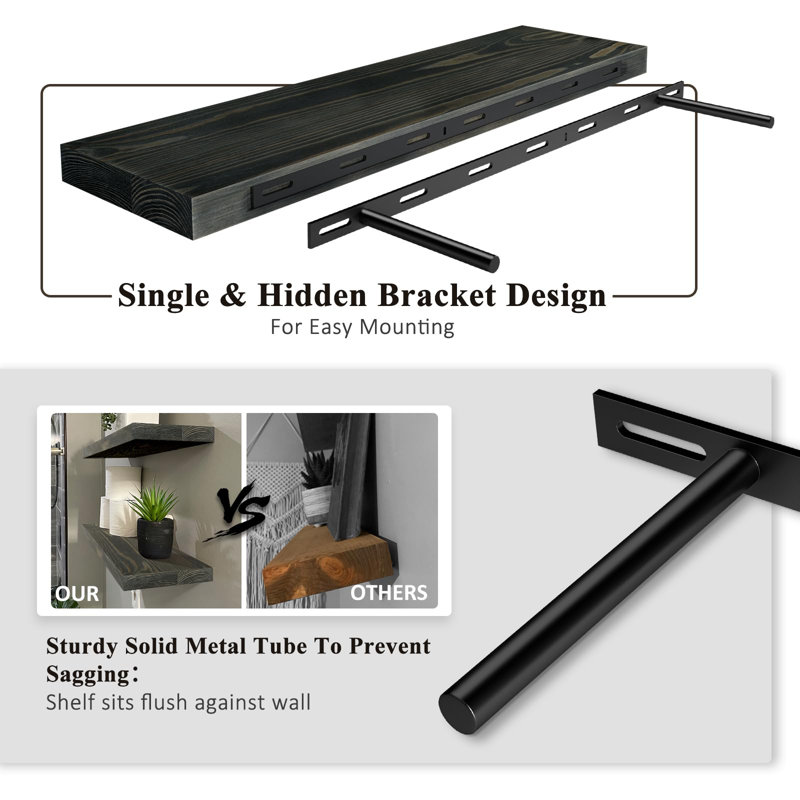 Rustic Dark Brown Pine Floating Wall Shelves, 24 Inch, Set of 2