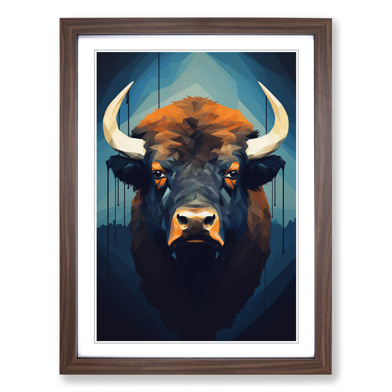 Buffalo Minimalism - Single Picture Frame Print on Wood, 64cm H x 46cm W x 2cm D, Walnut