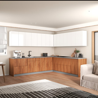 Cuisine complète moderne en bois de teck naturel et blanc lustré l 102 po x P 120 po x H 96 po WALLKITCHENS 