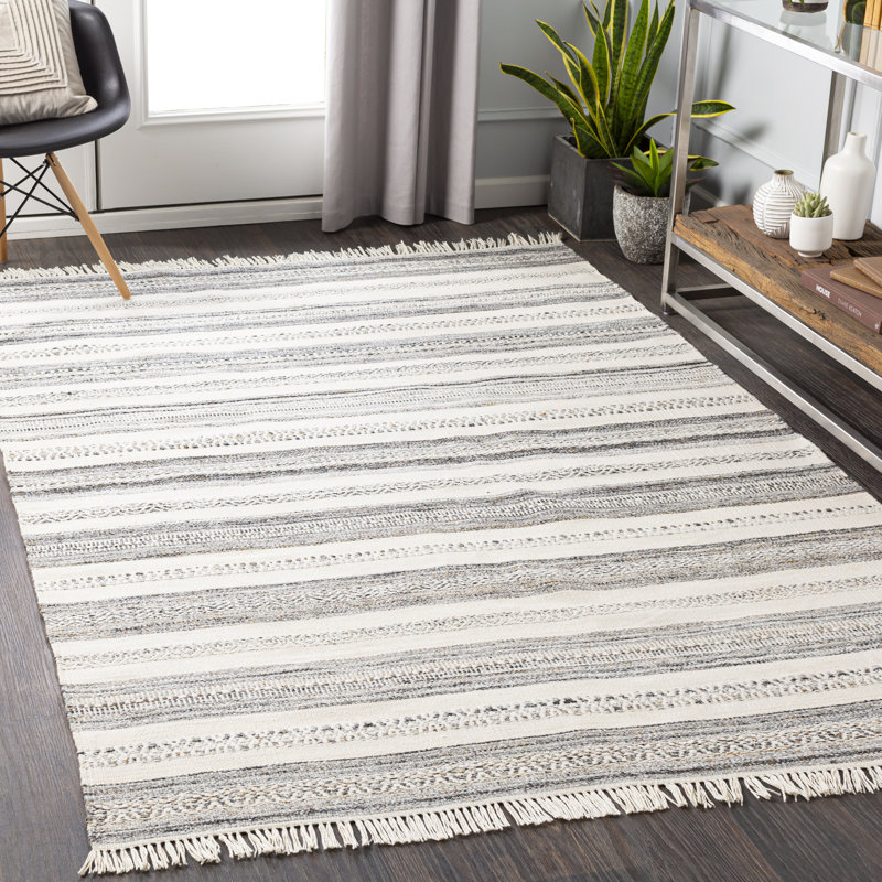 Tapis intérieur / extérieur beige / gris rayé tissé à plat à la main Kayley, Rectangle 12 pi x 15 pi