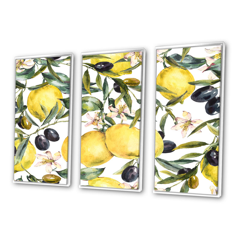 Lemon and Olive Branches I - 3 pièces, reproduction sur toile, H 20 po x l 36 po x P 1 po, Cadre blanc