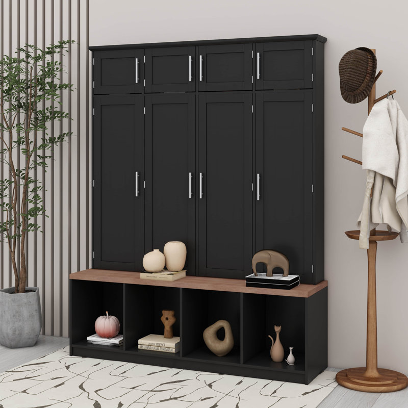 Arbre d'entrée de ferme avec 4 crochets de suspension, banc de grain de bois Mudroom avec compartiments ouverts, Noir