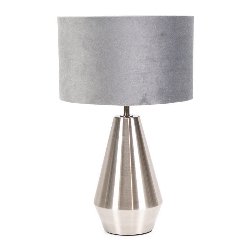 Jax Metal Dimmable Touch Table Lamp with Velvet Drum Shade with LED Bulb, Silver, Grey