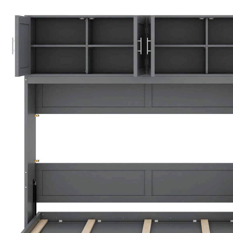 Grand lit escamotable avec bureau et tablettes, gris