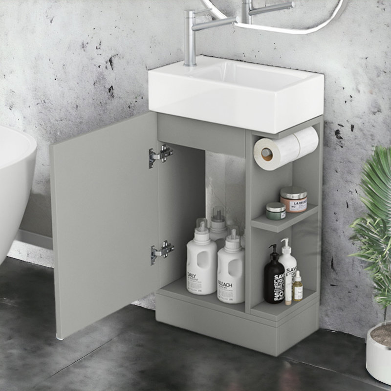 Caitlyn 18.6'' Single Bathroom Vanity with Ceramic Top Reversible Bathroom Storage Cabinet for Small Space, Gray