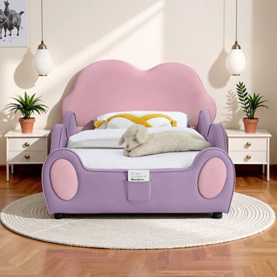 Lit d'enfant mignon en forme de nuage avec garde-corps - Lit pour tout-petit en cuir de polyuréthane mauve et rose avec poche de rangement, sécuritaire et confortable pour les garçons et les filles