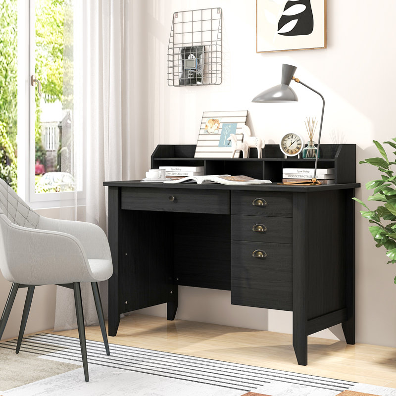 Red Barrel Studio Vintage Computer Desk With 4 Drawers And Shelves, Black