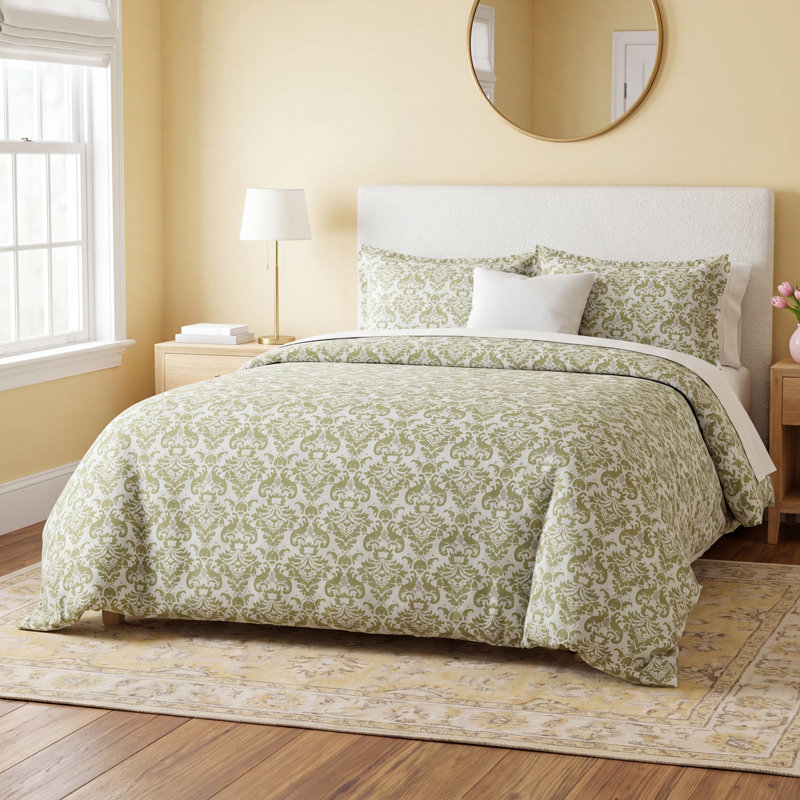 Acworth Green/Ivory Standard Cotton 3 Piece Duvet Cover Set, Full / Queen Duvet Cover + 2 Standard Shams