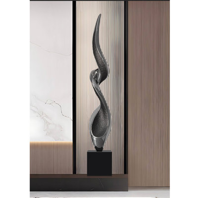 Modern Abstract Resin Floor Sculpture, Metallic Silver Twisted Design with Black Base