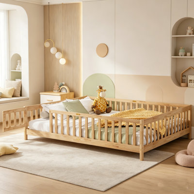 Grand lit au sol, lit de jeu en bois avec garde-corps et porte, lit au sol pour enfants, base de lit pour enfant à profil bas pour chambre à coucher
