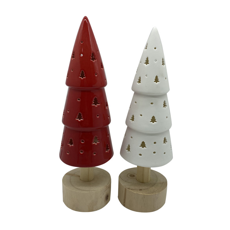 Arbre en céramique 4 pi x 4 pi x 12,7 po S / 2 avec base Wodden, rouge / blanc