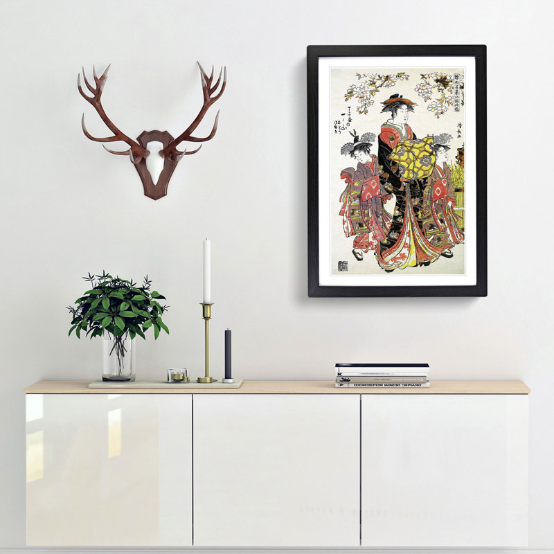 Lady with Two Kamuro by Torii Kiyonaga - Picture Frame Painting Print, Black Framed, 48cm H x 36cm W x 2cm D