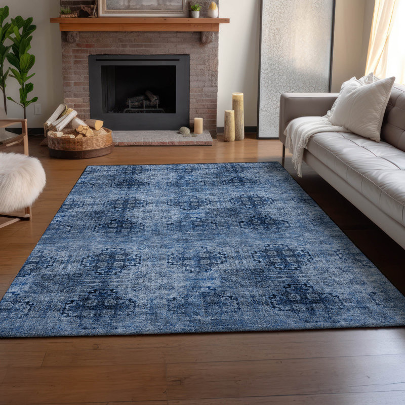Tapis bleu marine Cerrito AMF557 lavable à la machine de qualité supérieure, Rectangle 2 pi 6 po x 3 pi 10 po