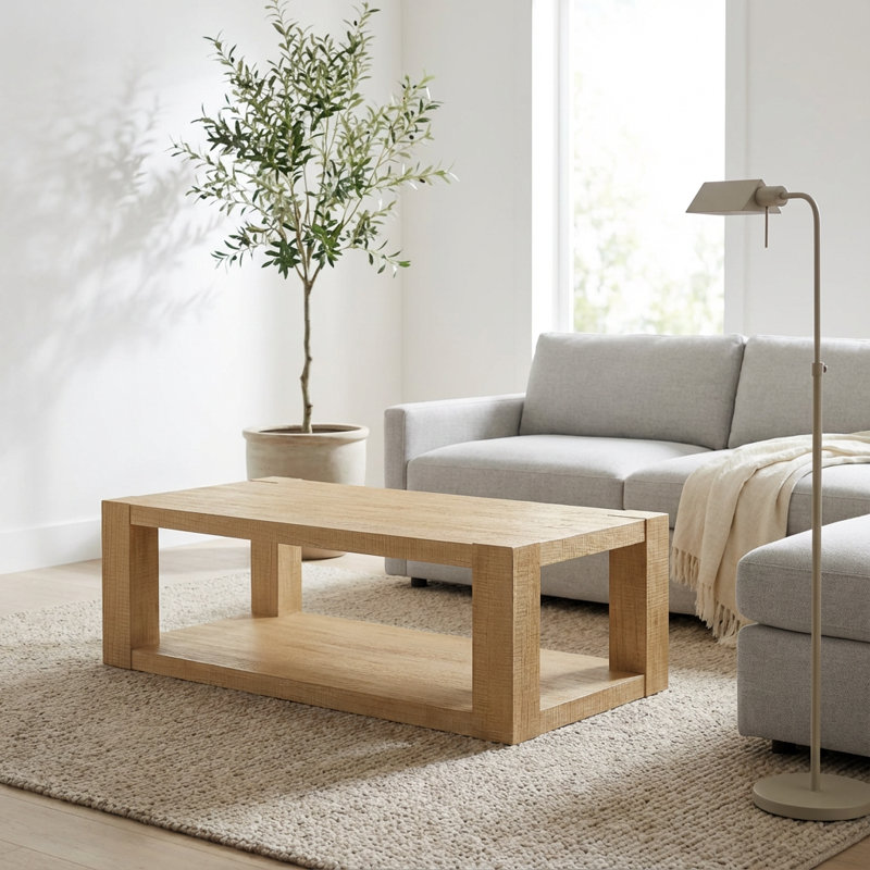 Table basse contemporaine à deux niveaux avec tablette ouverte
