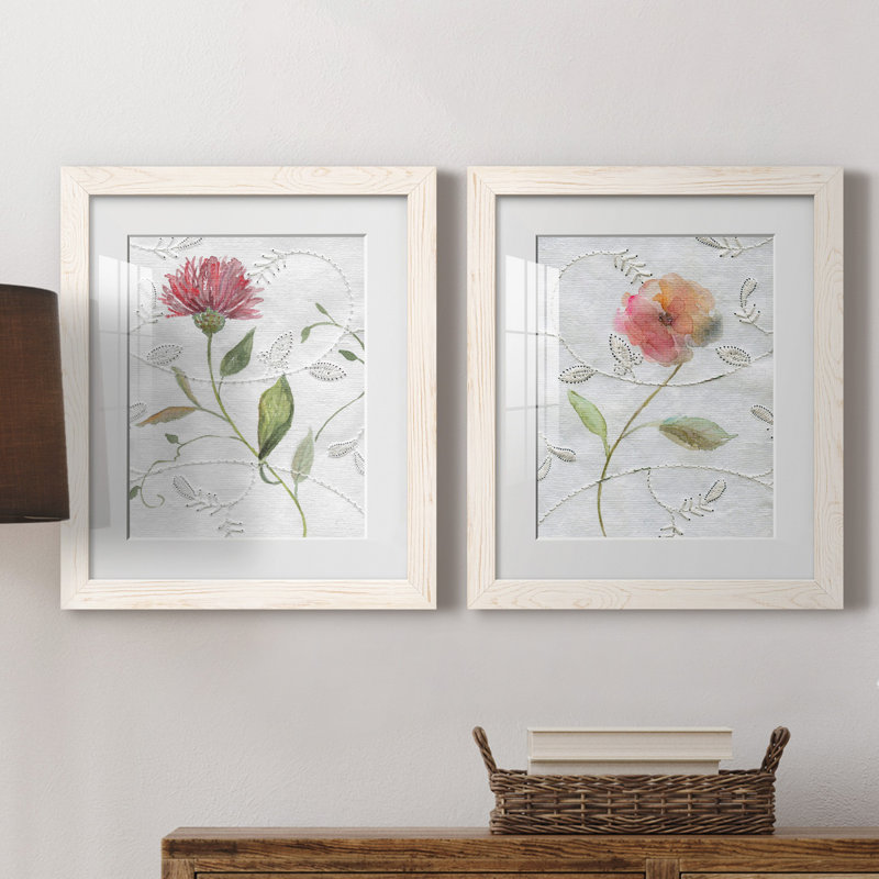 Broderie botanique I - ensemble de 2 impressions, H 20 po x l 17 po x P 1 po, Papier encadré blanc, Blanc