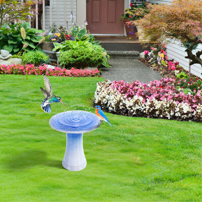 Bain d'oiseaux en céramique 17 po pour l'extérieur, motif floral, finition ombrée bleue, hauteur 18,11 po, glacis dégradé pour jardins