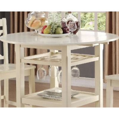 Counter Height Wooden Table In Cream, 2 Drop Leaves Extension, Stemware Rack & Square-tapered Leg Storage Table, Top Storage, Feature