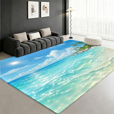 Tapis turquoise, bleu océan, plage, île tropicale, motif réaliste, impression de bord de mer, tapis doux antidérapant, lavable à la machine, décoration intérieure artistique élégante pour salon, chambre à coucher, cuisine, balcon, appartement