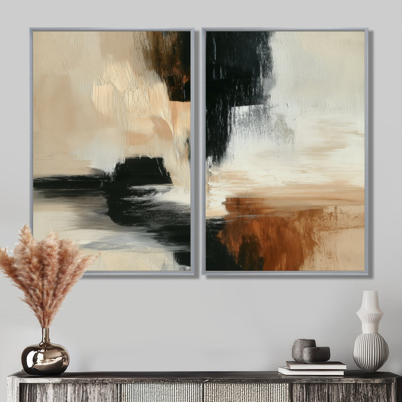 «Black and Brown Brushstroke Abstract Painting - Abstract Collages Wall Art For Living, Black Contemporary, reproduction sur toile 2 pièces
