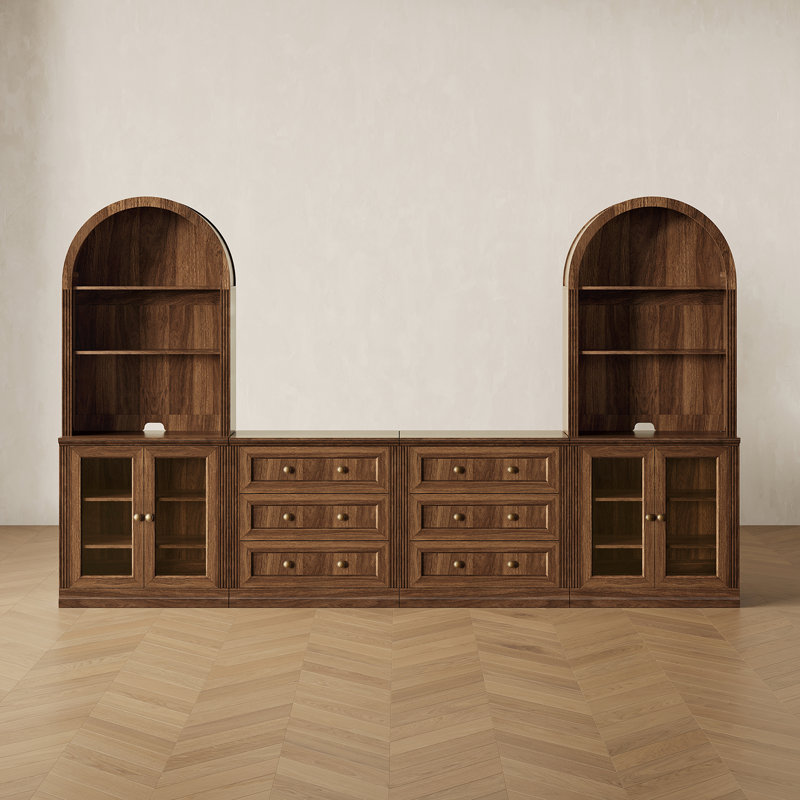 Garde-manger modulaire moderne Monos avec tiroirs, portes en verre acrylique et armoires hautes cintrées, noyer, Walnut