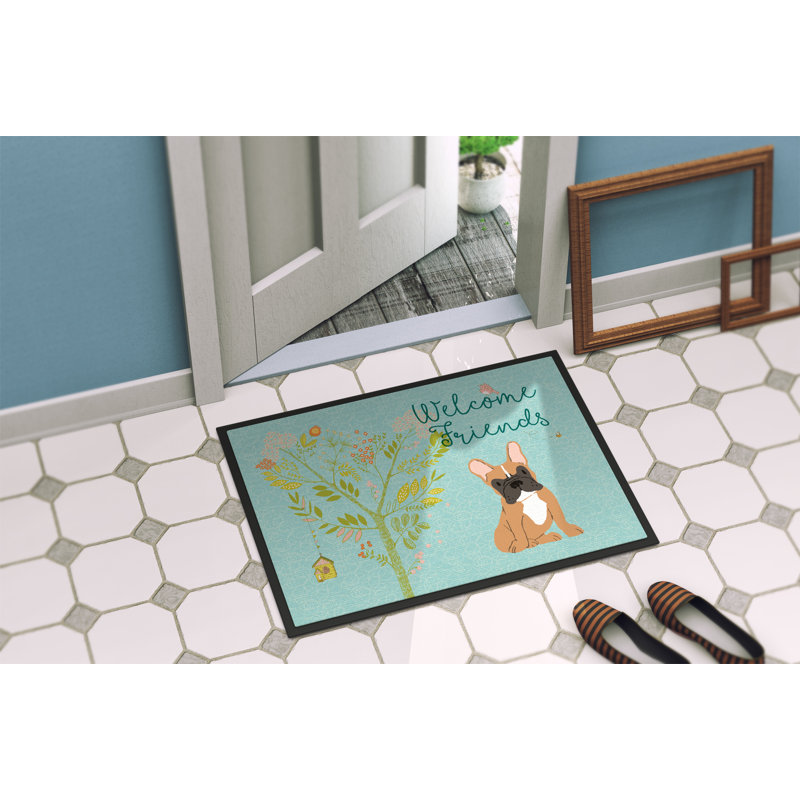 Tapis de porte pour l’extérieur antidérapant french bouledogue Yonker, Bouledogue français brun clair