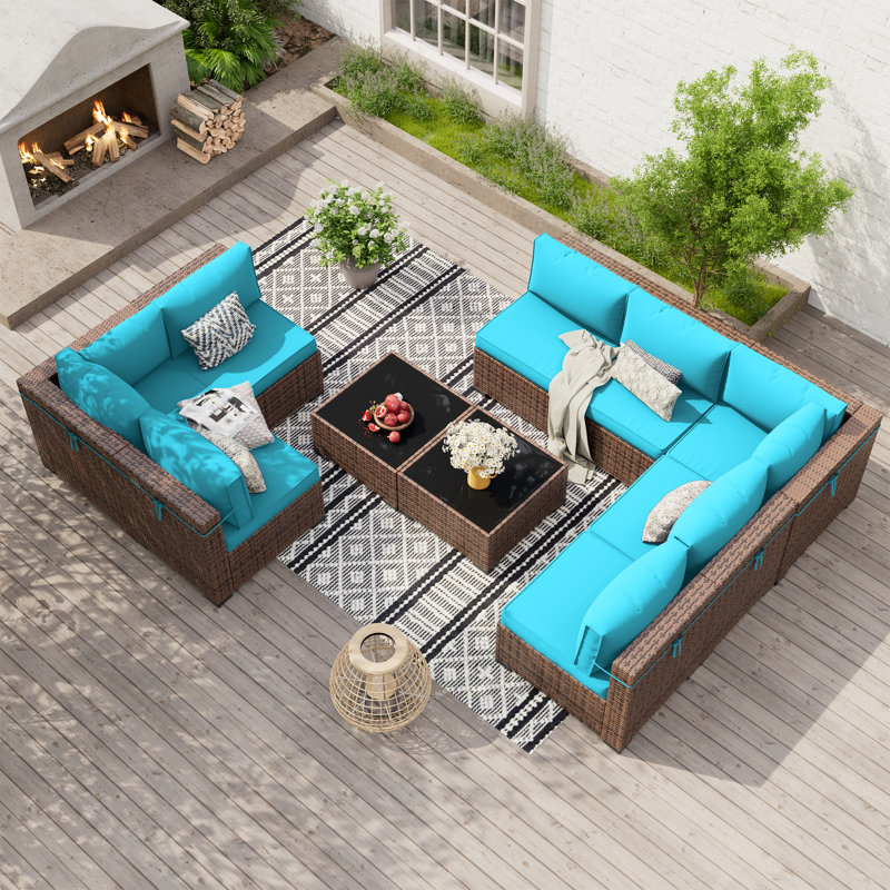 Ensemble modulaire de conversation modulaire en rotin pour 8 personnes avec 2 tables basses, Bleu ciel