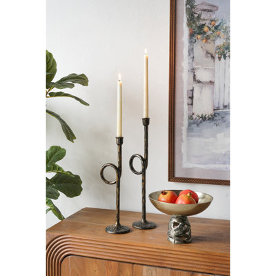 S/2 Black and Gold Iron Candle Holders with Playful Loop Design